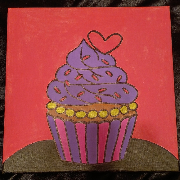 Handpainted Cupcake With Heart Acrylic Painting On Canvas Wall Decor - Picture 2 of 3